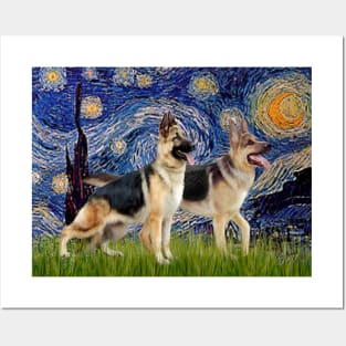 Starry Night Adapted to Include Two German Shepherds Posters and Art